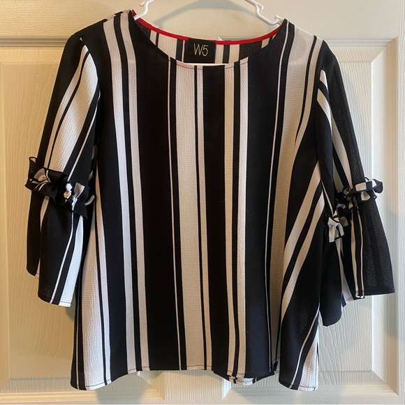 W5 Black White Stripe Ruffle Peplum Sleeve Top Blouse - Picture 1 of 4